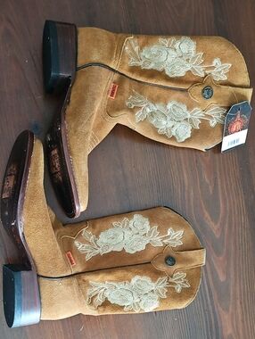 Women’s Tan Suede Floral Embroidered Heeled Boots
